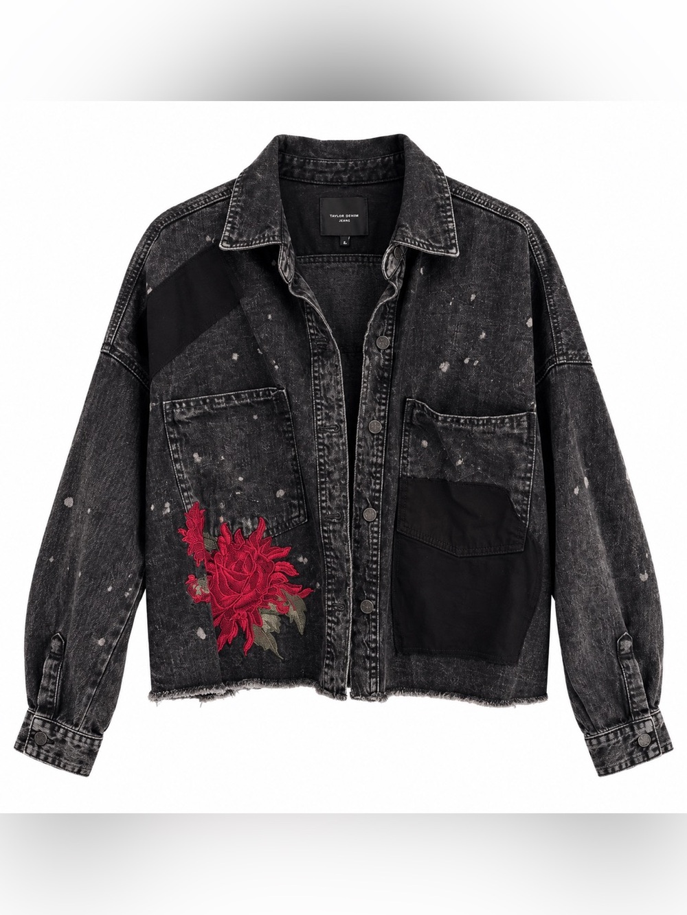 Zara Trafaluc Women’s M Black Denim Jacket Red Floral Embroidery Distressed Crop